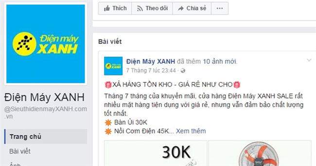 Giả mạo fanpage Điện máy Xanh bán hàng giá rẻ giật mình